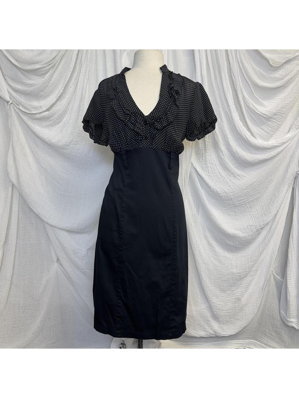 Vintage Minimalist Preppy Office Siren Sheer Polka Dot Ruffle Midi Dress